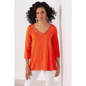 Soft Surroundings Size L Village Beauty Top Fiery Orange Floral V-Neck Detail